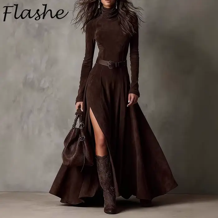 Mode femmes col roulé robe longue