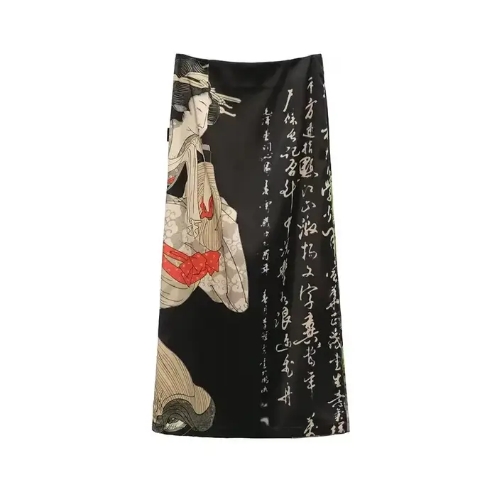 Jupes longues fendues en A pour femmes, imprimé tie-dye noir, style Harajuku, streetwear japonais, g
