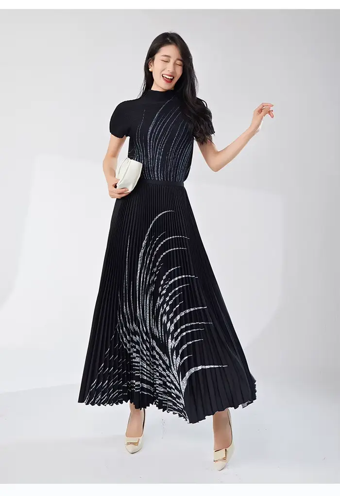 Ensemble haut et jupe plissés pour femme, manches courtes, été - Noir, élégant, stylé et polyvalent,
