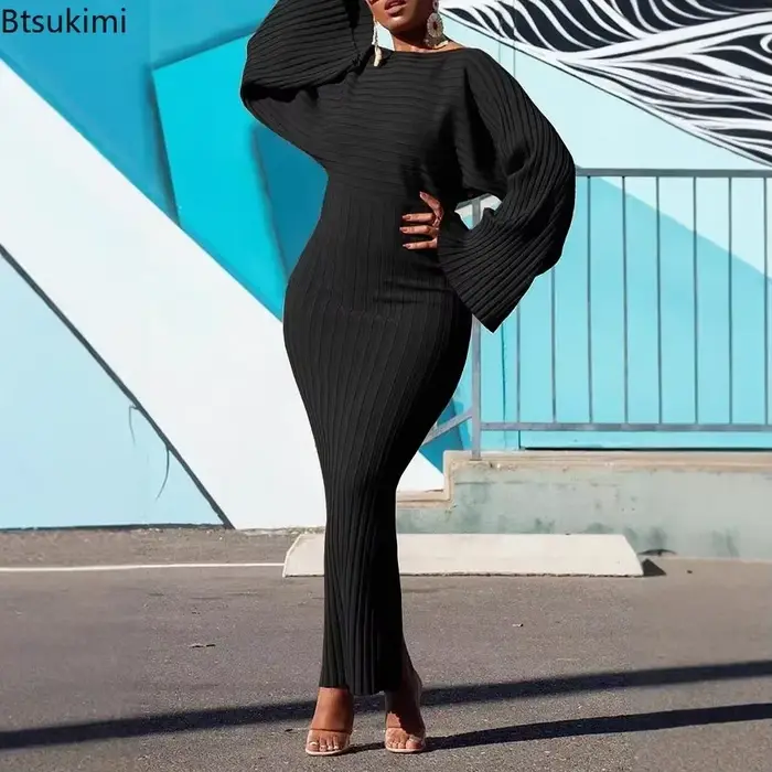 Femmes automne manches chauve-souris tricoté côtelé Robe longue moulante solide élégant col rond