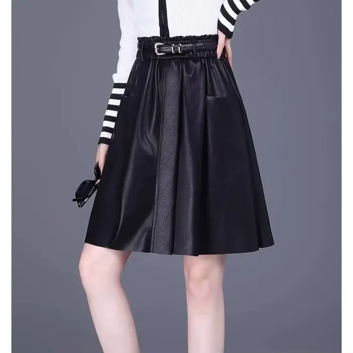 Jupe trapèze taille haute en cuir PU pour femme, extensible, coupe cintrée, polyvalente, automne hiv