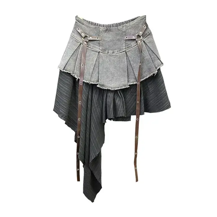 Jupe plissée en Denim épissé rétro pour femmes, nouveau tempérament d'été, fille chaude, à la mode, 