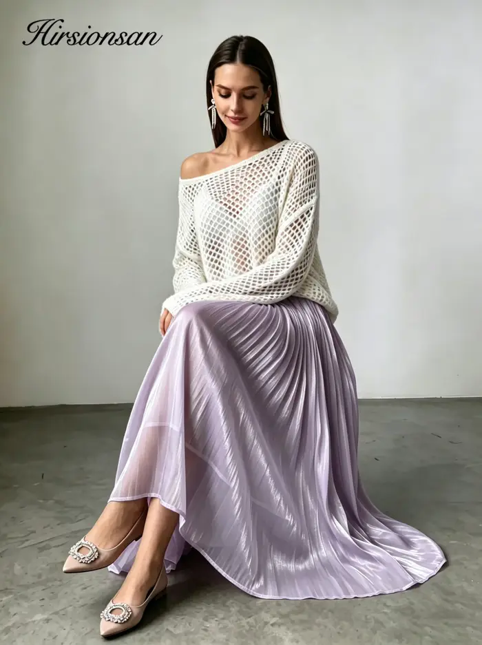 Hirsionsan-Jupe mi-longue taille haute en satin pour femme