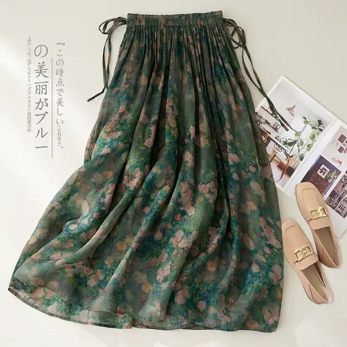 Jupe taille haute en coton et lin pour femmes