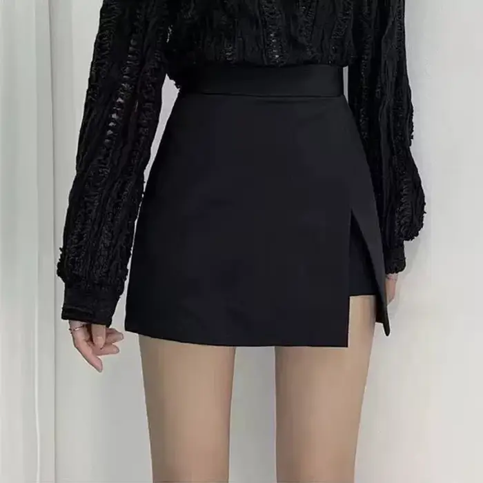 Mini-jupes noires pour femmes, à fentes latérales irrégulières, taille haute, style short, mode coré