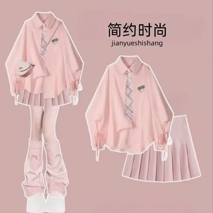 Ensemble jupe et chemisier à carreaux roses, style universitaire, mode printemps, esthétique fraîche