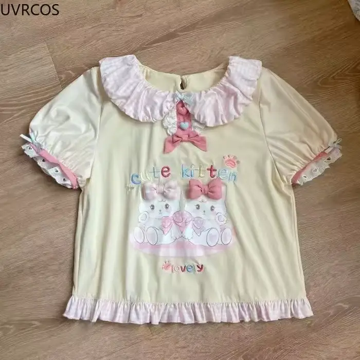 Ensemble jupe Harajuku Y2k style Lolita japonais Kawaii pour femmes avec t-shirt imprimé chat et jupe gâteau mini pour occasions spéciales et quotidienne
