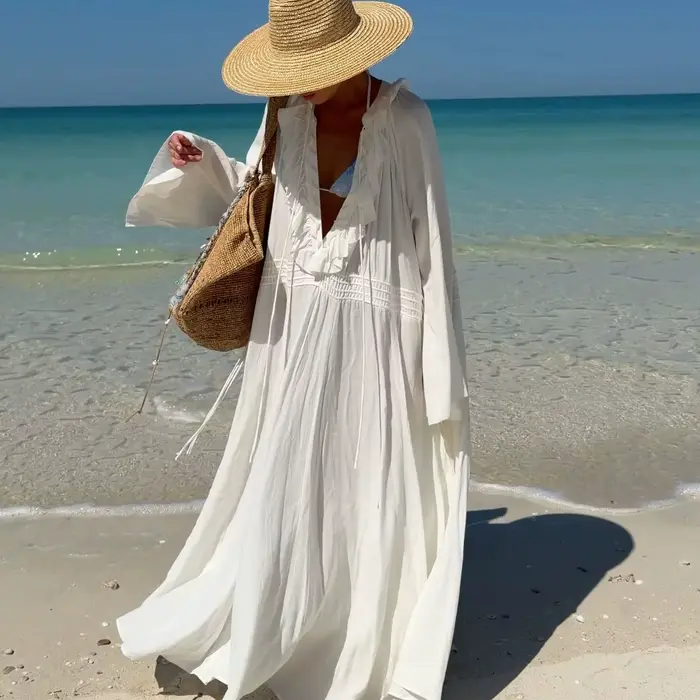 Robe de plage blanche pour femme, col en V, manches longues, maxi kaftan, style bohème, paréo de bai