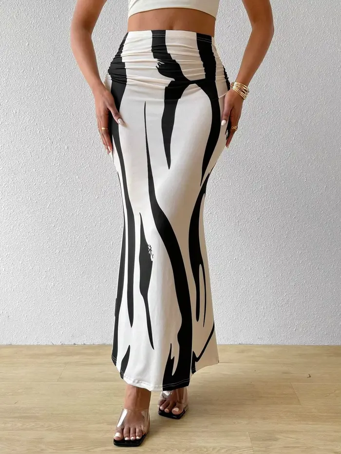 Jupe plissée imprimée en fibre de polyester pour femmes senior style décontracté silhouette trompette été