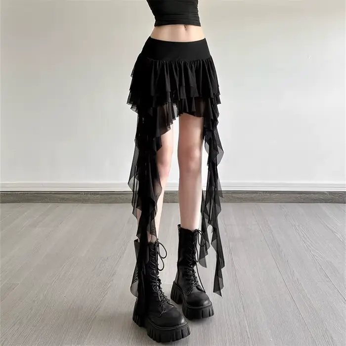 Jupe noire et blanche printemps-été, jupe sexy à volants pour femmes, taille haute, élégante, irrégu