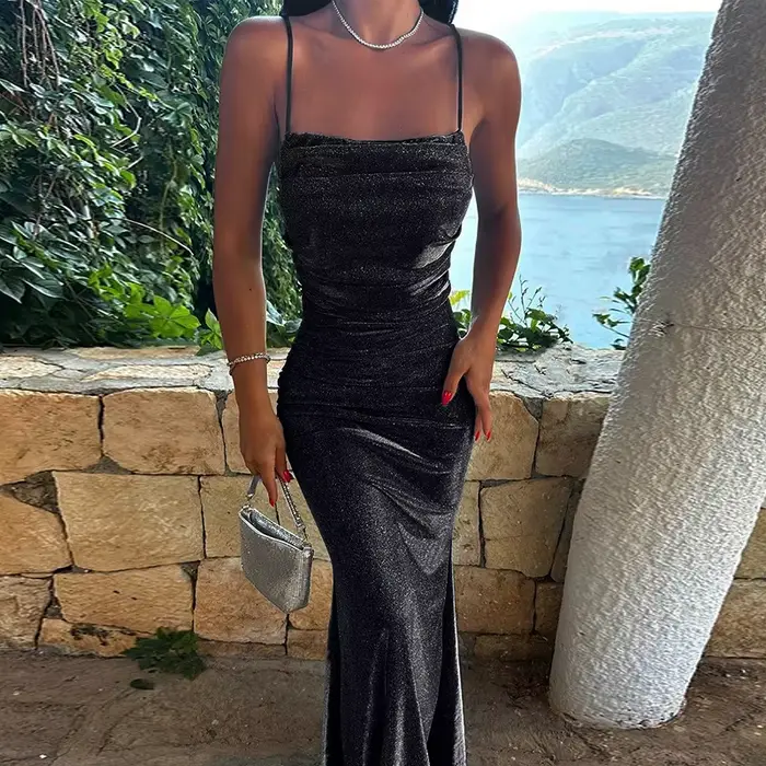 Robe longue moulante sexy pour femme, sirène, polyester, sans manches, haute coupe, brillance pour soirées, banquets, anniversaires