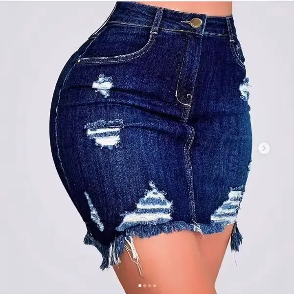Jupe en jean femmes jupes d'été trou taille haute Stretch déchiré poches en détresse lavé hanche env