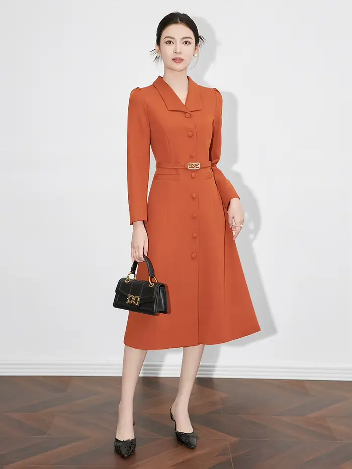 Robe longue à col rabattu pour femme avec ceinture à boutonnage simple