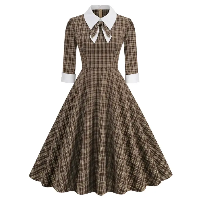 Robe de Style britannique rétro pour femmes, col chemise contrasté, nœud papillon, à carreaux, manch