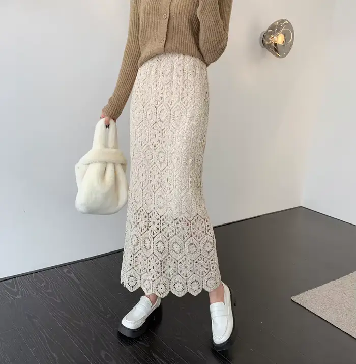 Femmes Sweat jupes droite géométrique évider jupe douce décontracté haute taille élastique jupe ampl
