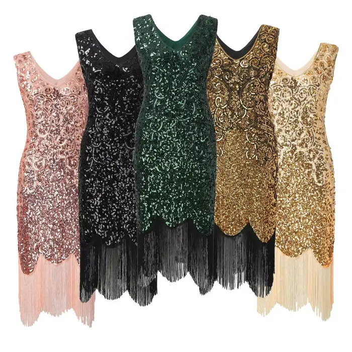 Robe de Soirée Vintage à Paillettes pour Femme Style Élégant, Sans Manches, Polyester, Col Rond, Pour Soirées, Bal, Noël, Fêtes Thématiques Années 1920