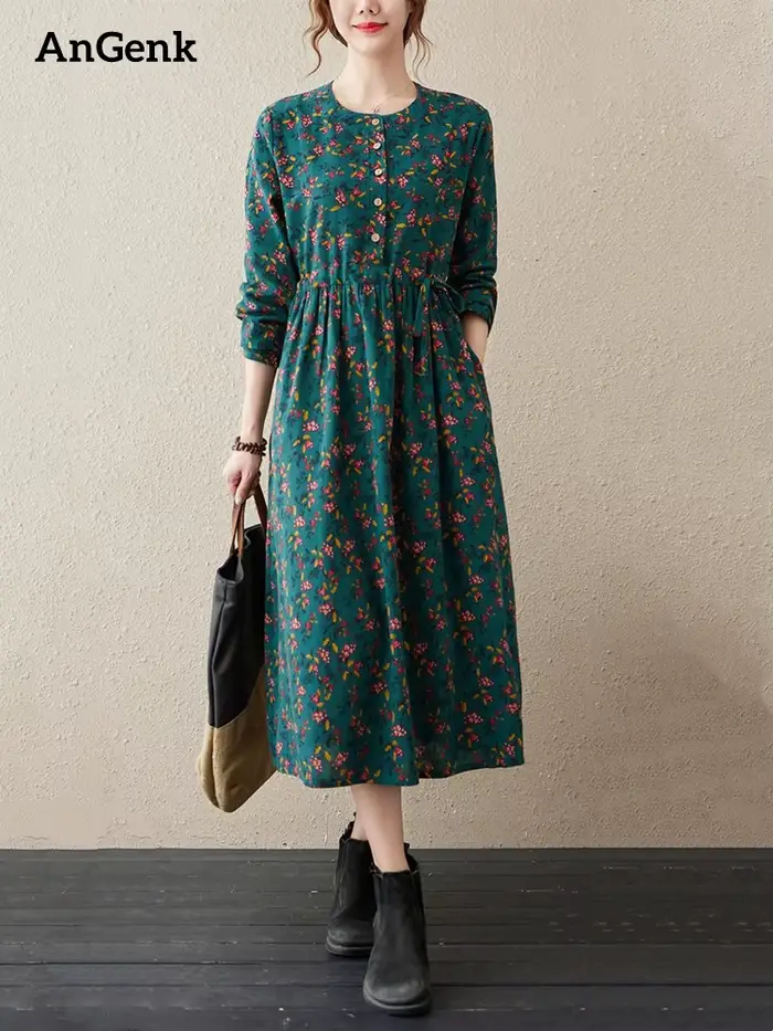 Robes à manches longues en coton et lin à imprimé floral vintage pour femmes