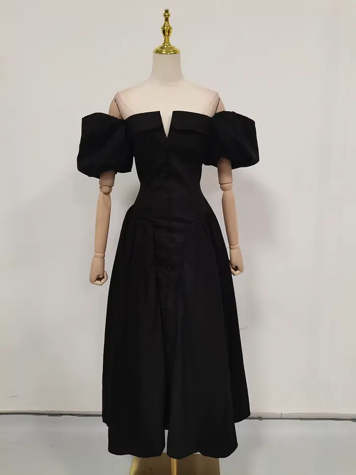 VGH-Jupe ronde de danse vintage pour femme, col carré, manches bouffantes, taille haute, patchwork, 