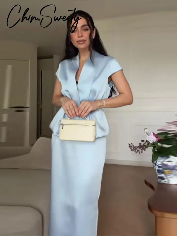 Nouvel ensemble jupe et blazer urbain pour femme : haut plissé sans manches à col en V