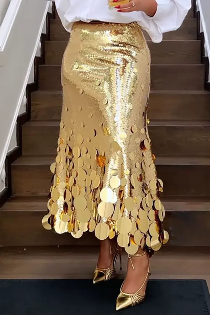 Grande taille femmes jupes formelles élégant or argent longue paillettes fête Club soirée taille hau
