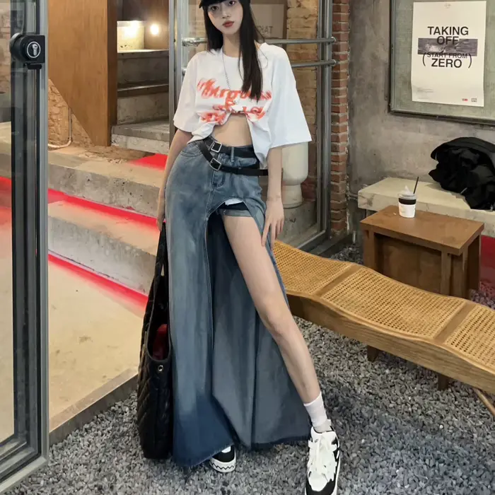 Jupe en jean taille haute pour femme, design super haut, jupe longue amincissante, rétro, fille épic