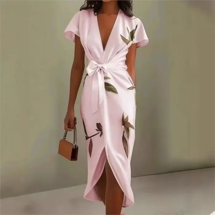 Robe portefeuille mi-longue élégante imprimé floral pour femmes décontractée printemps été ourlet fendu col en V manches courtes