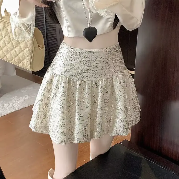 Jupe courte bouffante à sequins taille haute, plissée en forme de A, printemps-été