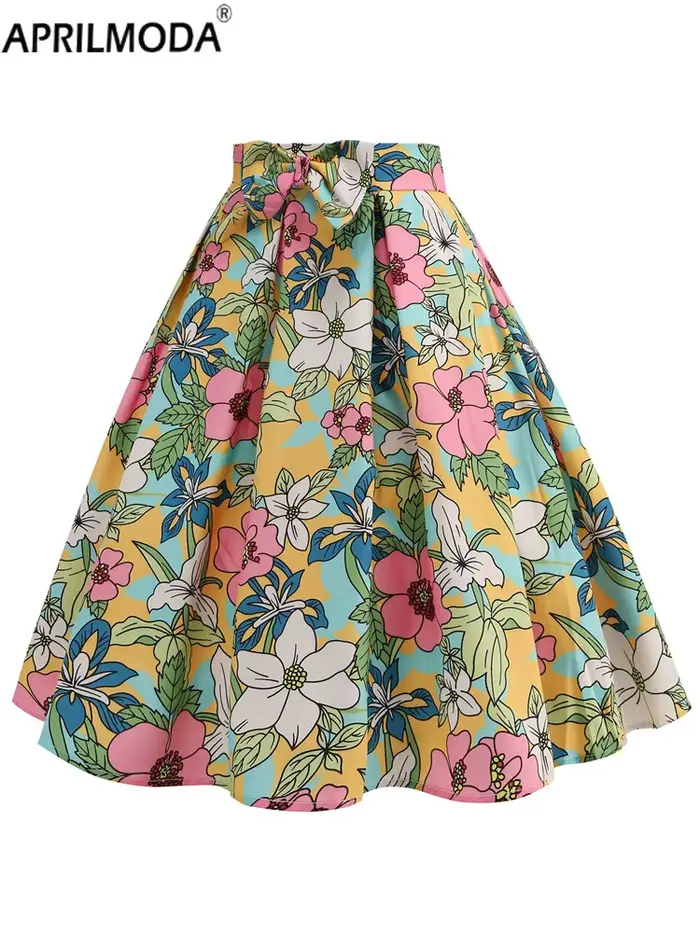 Jupe plissée APRIL MODA en polyester avec nœud imprimé fleuri pour femmes, coupe empire, longueur aux genoux, style années 50 et 60, occasions de fête