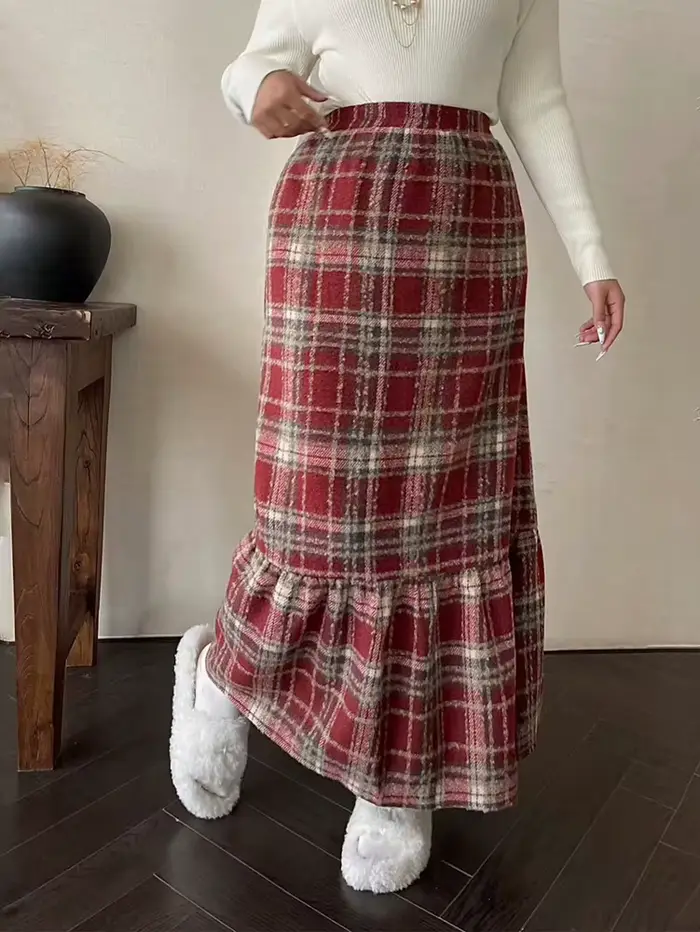 Jupe trapèze amincissante à taille haute à carreaux rouges pour femmes grandes tailles – Parfaite pour les tenues du