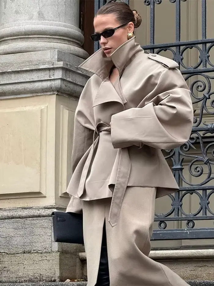 Trench court à lacets pour femmes kaki vintage col rabattu épaulettes manches longues chic vestes printemps été