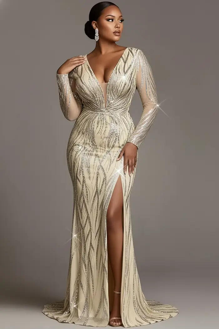 Robe de mariée grande taille en Tulle argenté, col en V, manches longues, fendue, élégante, moulante