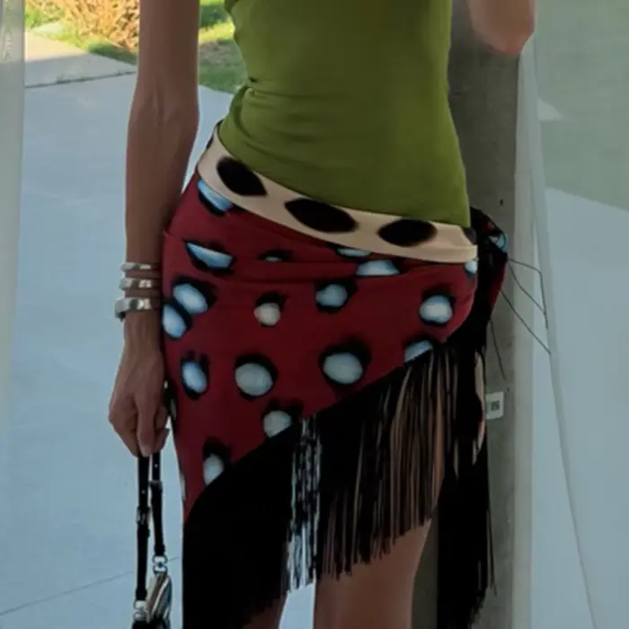 Jupe Courte Vintage à Pois Imprimés pour Femme, Tendance, à Nouer sur le Côté, avec Longue Frange et