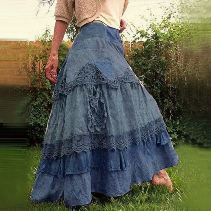 Jupe longue style Boho pour femmes, Vintage, en dentelle, à plusieurs niveaux, Maxi, taille haute, l