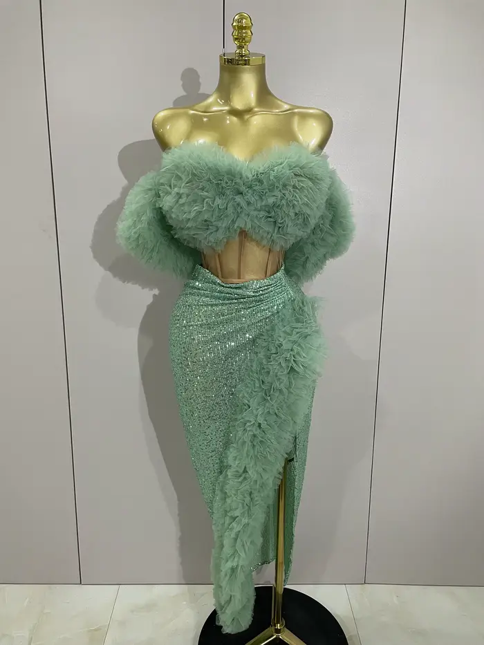 Paillettes brillantes haut jupe courte deux pièces ensemble 2025 femmes Sexy célébrer soirée bal fêt