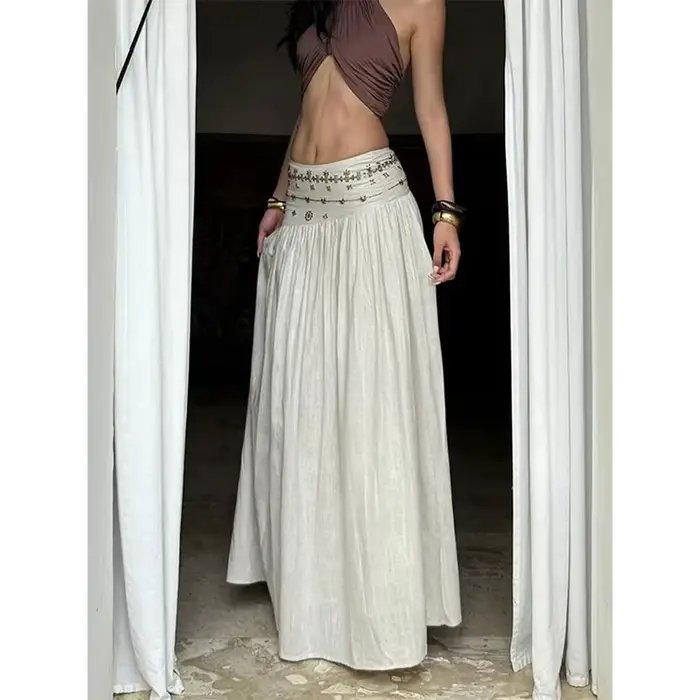 Jupe midi vintage à perles pour femmes, vacances, plage, taille basse, jupes d'été, vêtements de rue