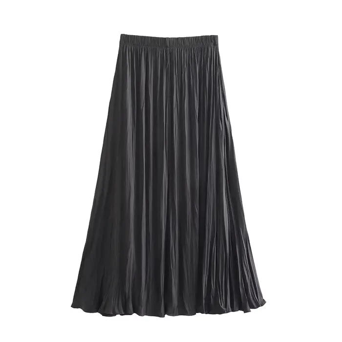HH femme mode été jupes plissées élégant longue polyvalent couleur unie plis taille élastique femmes