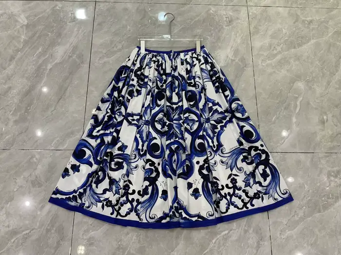 Boho 2 pièces ensemble femmes été 2025 bleu porcelaine imprimé haut et coton jupe Maxi concepteur plage vacances tenue