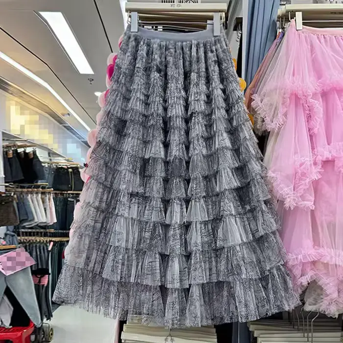 Jupes mi-longues en tulle à plusieurs niveaux – Jupe d'été trapèze à ourlet évasé en dentelle avec t