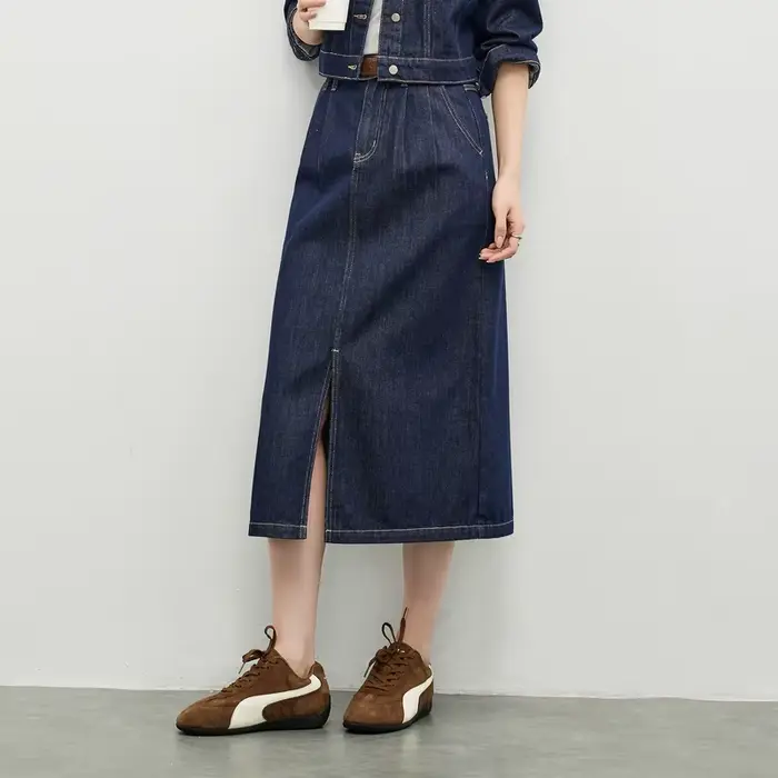 SENTUBILA femmes jupe en jean 2026 printemps coton mélange couture Visible ample une ligne jupe long