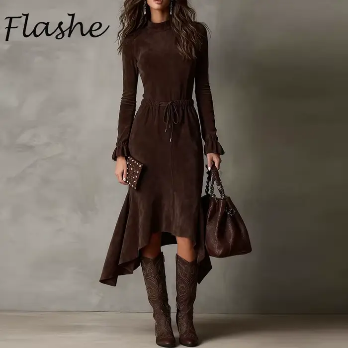 Robe en polyester élégante pour femmes, coupe irrégulière, automne hiver, longueur mi-longue, silhouette gracieuse, style décontracté et élégant, soirée et quotidien, couleur chocolat, tailles variées