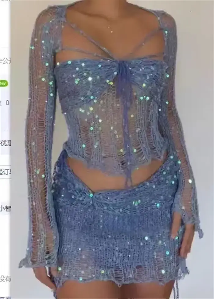 Ensemble haut et mini jupe à paillettes scintillantes pour femmes, tenue 3 pièces, vêtements de fest