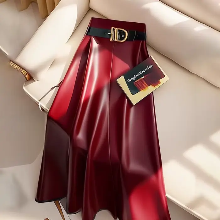 Jupe mi-longue en cuir PU rouge pour femmes, style déesse haut de gamme, jupe parapluie mi-longue, n
