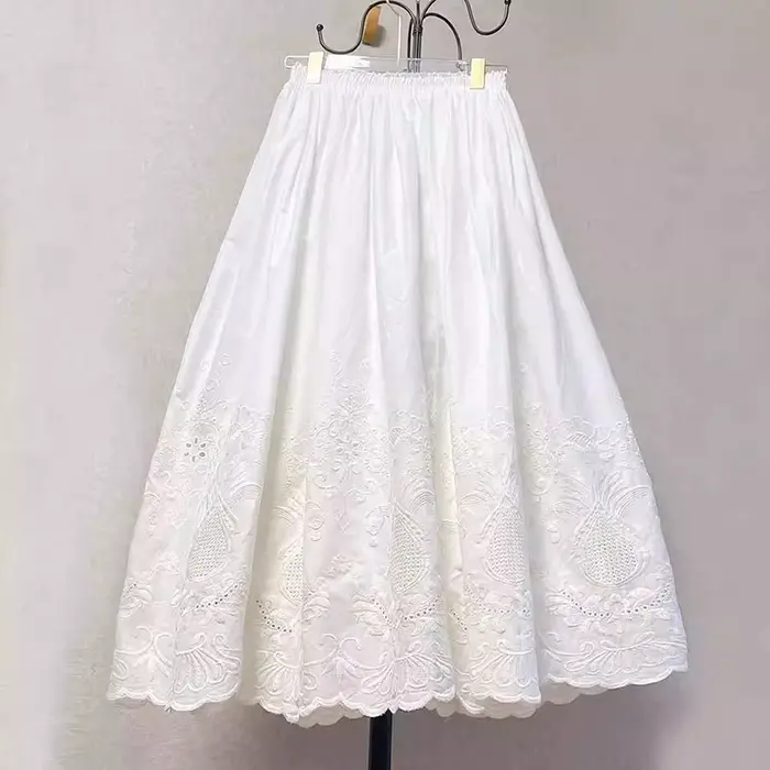Jupe mi-longue en coton brodé floral vintage pour femmes