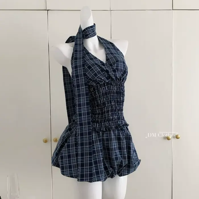 Rétro bleu marine haut à carreaux jupe courte costume femmes été Internet célébrité rue américaine d