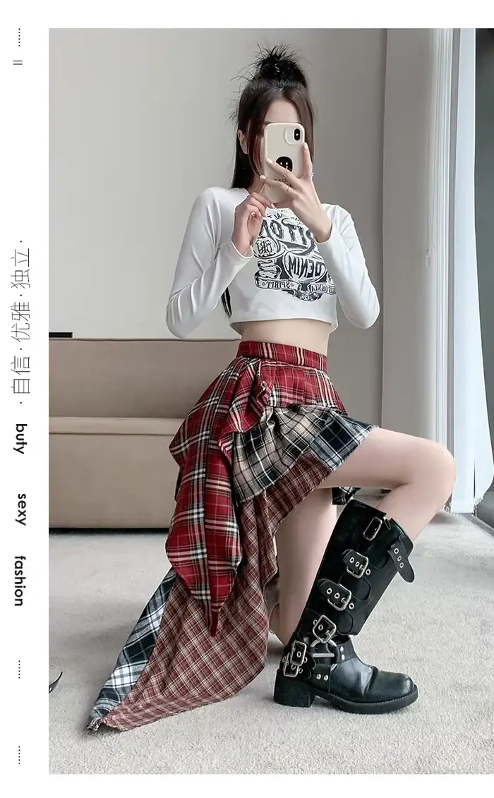 Jupe Trapèze à Carreaux en Patchwork pour Femme, Taille Haute, Amincissante, Courte, Irrégulière, à