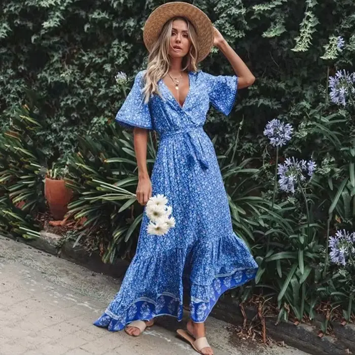 Robe maxi TEELYNN en coton bleu rayonne imprimé floral sexy v profond boho été ample hiphélicoptère longue éducative