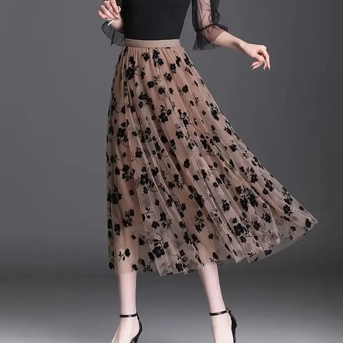 Nouvelle Jupe Midi Plissée en Tulle Fleuri pour Femme