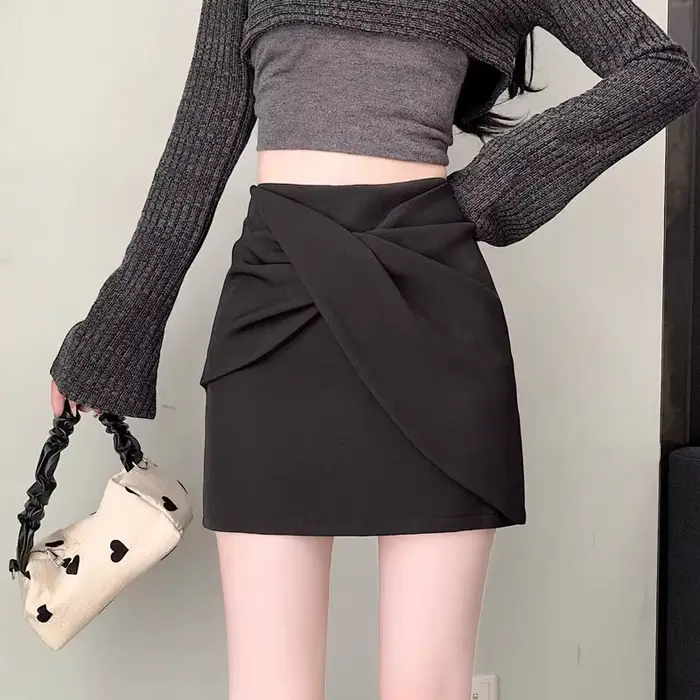 Nouvelle jupe coréenne ample à taille haute pour femme, avec fermeture éclair, couleur unie, plis ir
