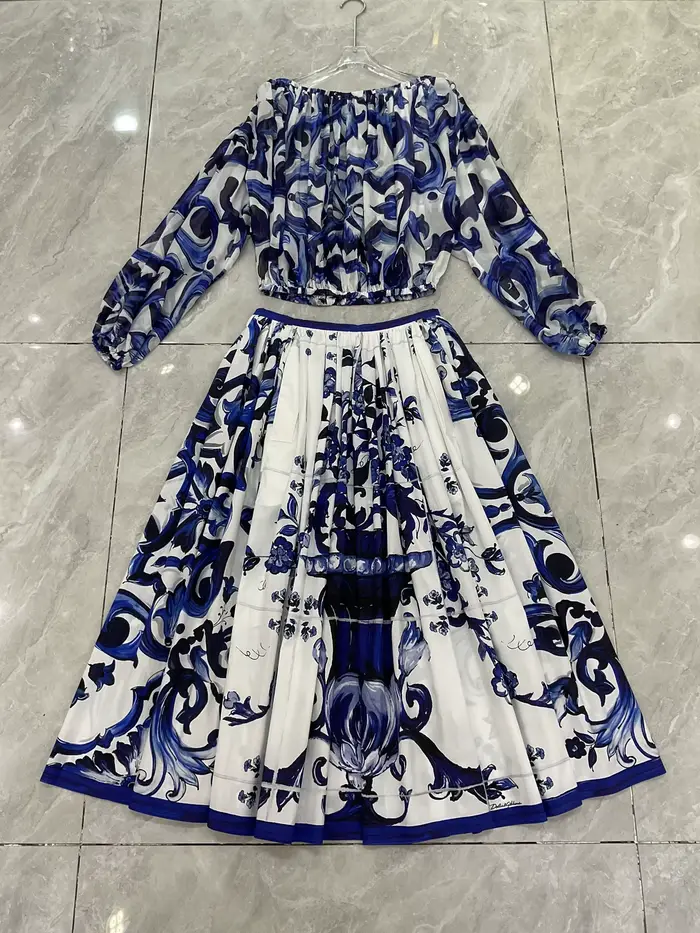 Boho 2 pièces ensemble femmes été 2025 bleu porcelaine imprimé haut et coton jupe Maxi concepteur plage vacances tenue