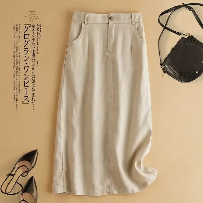 Jupe mi-longue Vintage en coton et lin pour femmes, mode élastique, taille haute, ample, couleur uni